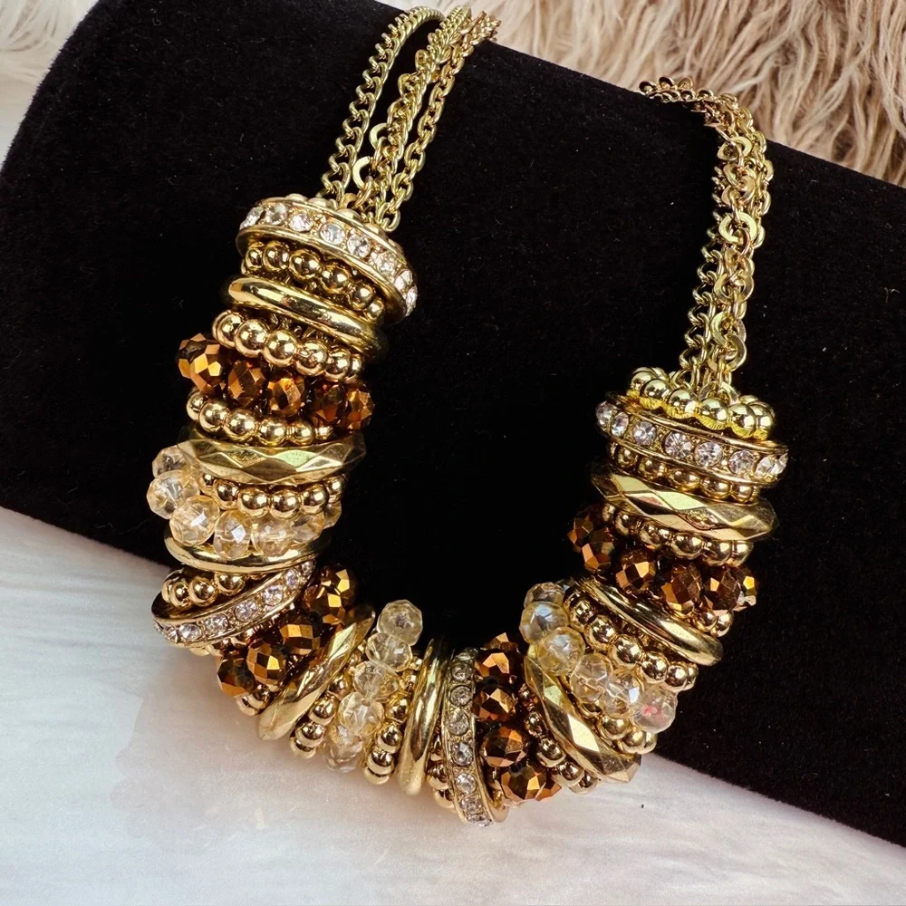 Vintage Goldtone and Brown Blingy Statement Necklace